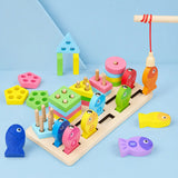 Wooden Montessori shape sorter and magnetic fishing board with pastel shapes, pegs and numbered fish on a cream background