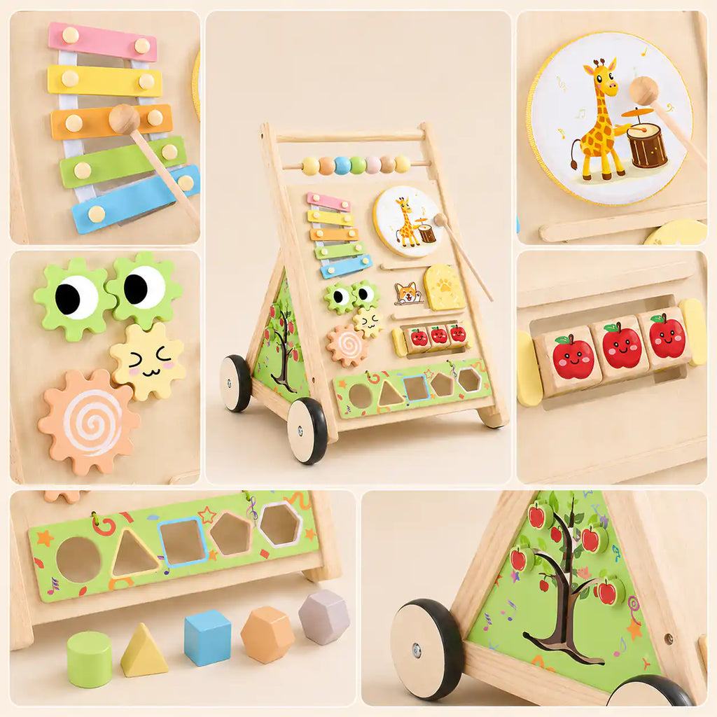 Toddler standing and pushing the wooden Montessori activity walker across a soft playroom rug, building first walking confidence
