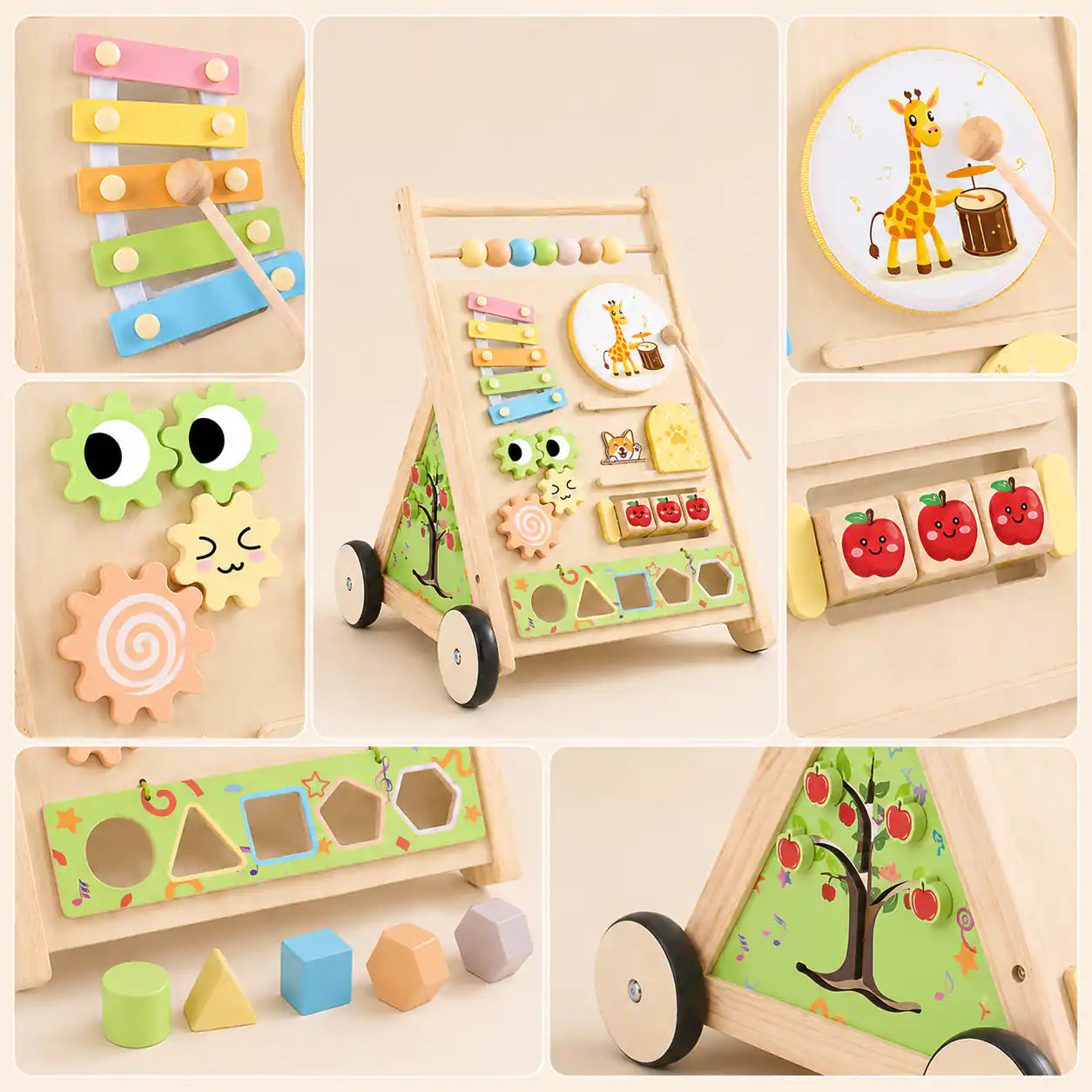 Toddler standing and pushing the wooden Montessori activity walker across a soft playroom rug, building first walking confidence
