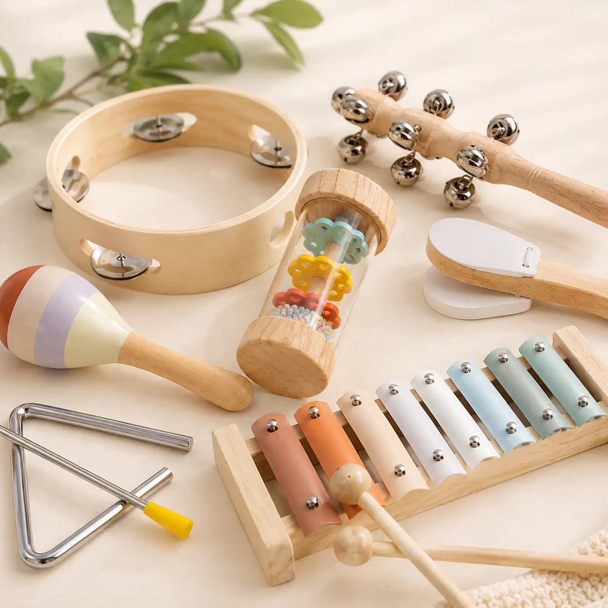 Natural wood display tray with all eight wooden musical instruments tidied away inside