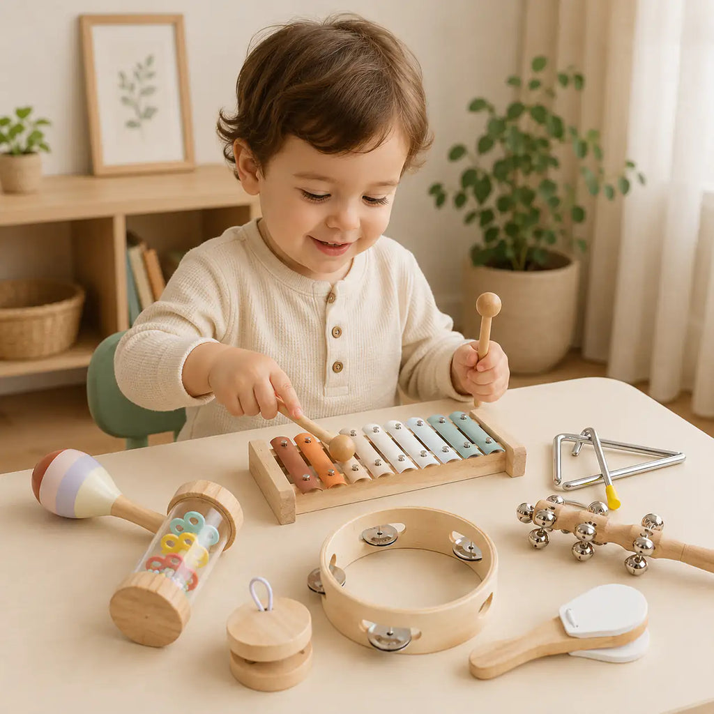Wooden musical instrument set styled in a calm Montessori-inspired playroom corner
