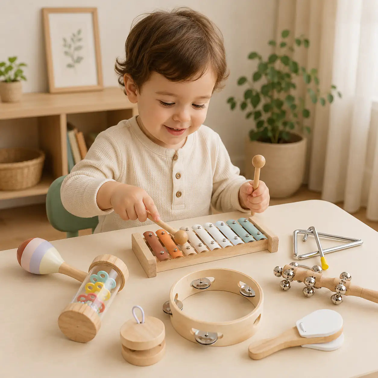 Wooden musical instrument set styled in a calm Montessori-inspired playroom corner