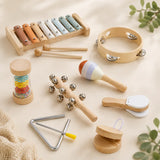 Wooden rainmaker, castanets and clapper from the musical instrument set shown together