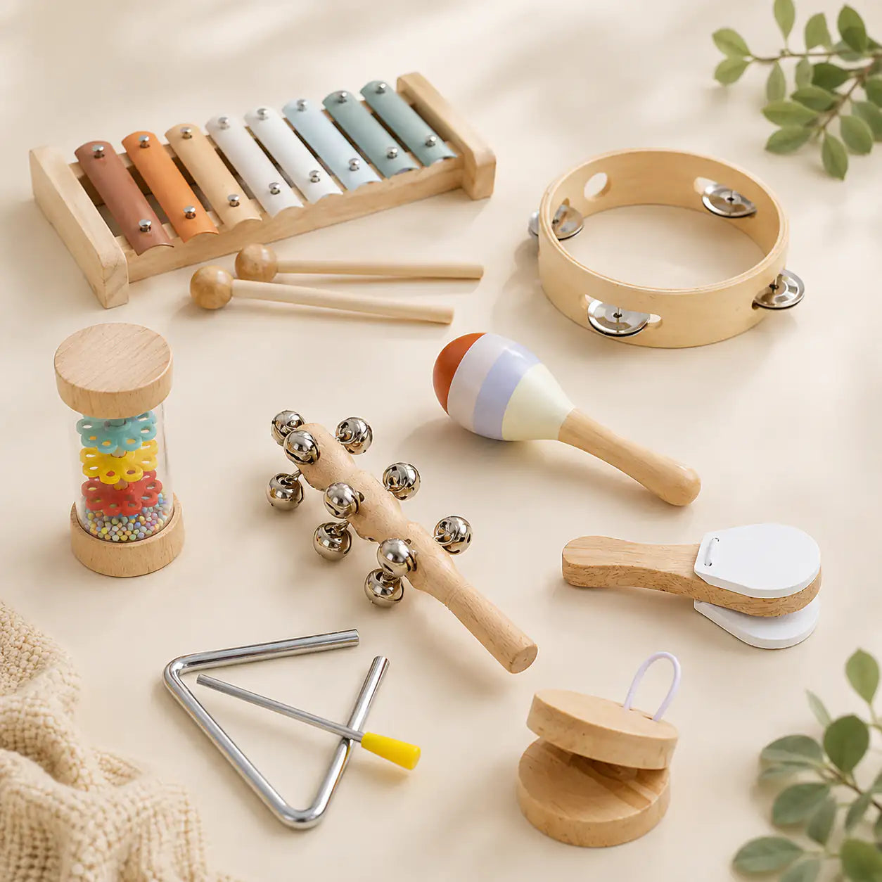 Wooden rainmaker, castanets and clapper from the musical instrument set shown together