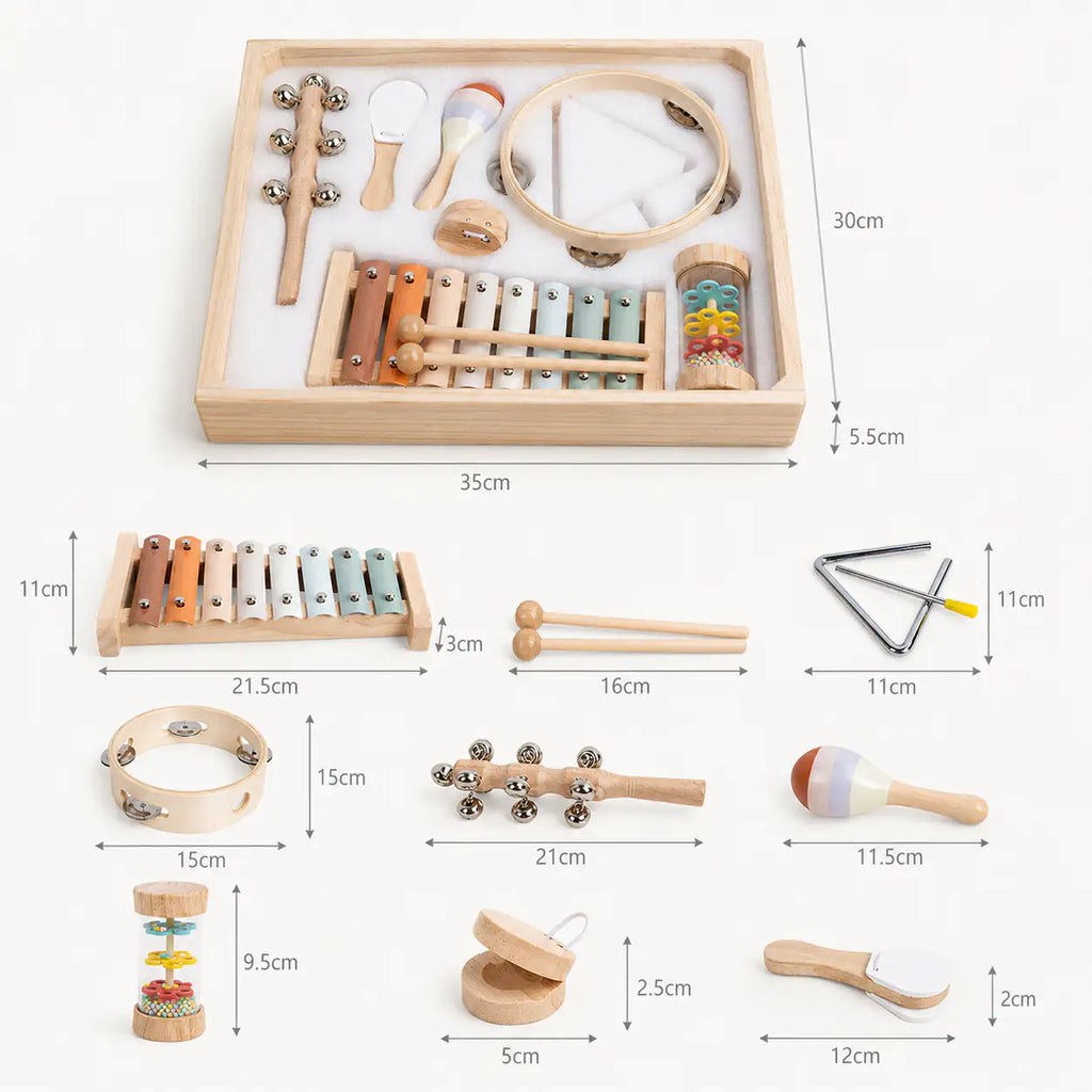 Wooden musical instrument set with size dimensions shown for the display tray