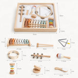 Wooden musical instrument set with size dimensions shown for the display tray