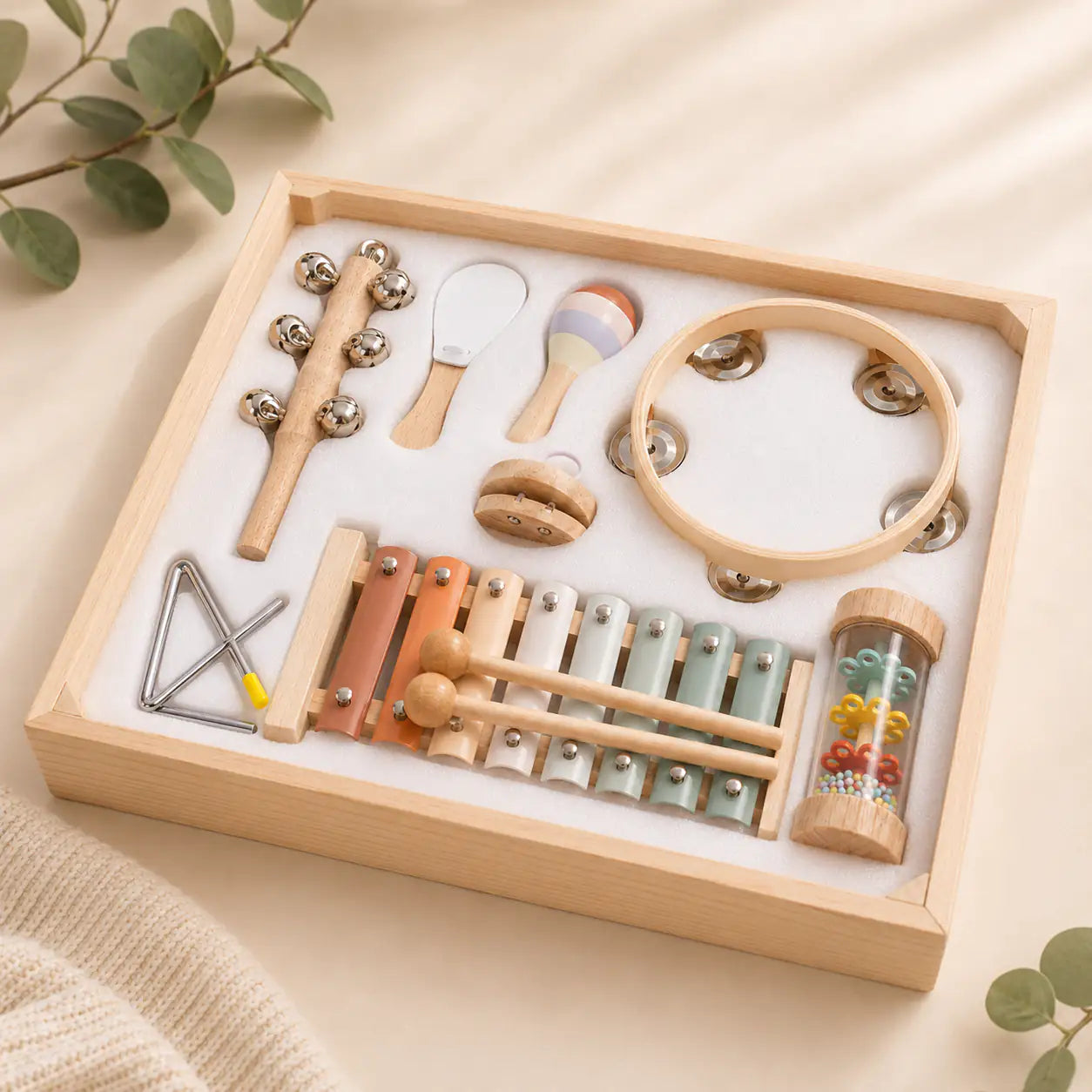 Close-up of the painted wooden xylophone bars, mallets and natural wood finish