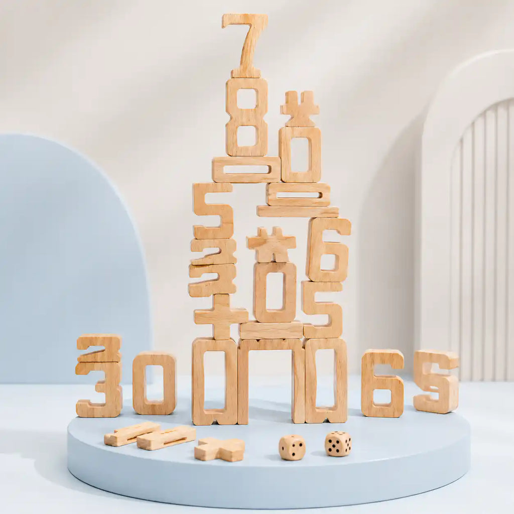 Wooden stacking number blocks arranged to spell the equation 3 plus 2 equals 5, showing how heights physically match the math