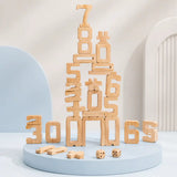 Wooden stacking number blocks arranged to spell the equation 3 plus 2 equals 5, showing how heights physically match the math