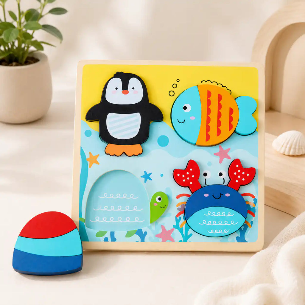 Wooden ocean animals chunky puzzle for toddlers with penguin, fish, turtle, and crab pieces Montessori first puzzle