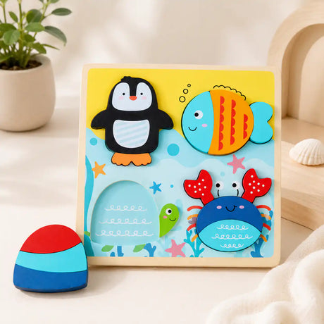Wooden ocean animals chunky puzzle for toddlers with penguin, fish, turtle, and crab pieces Montessori first puzzle
