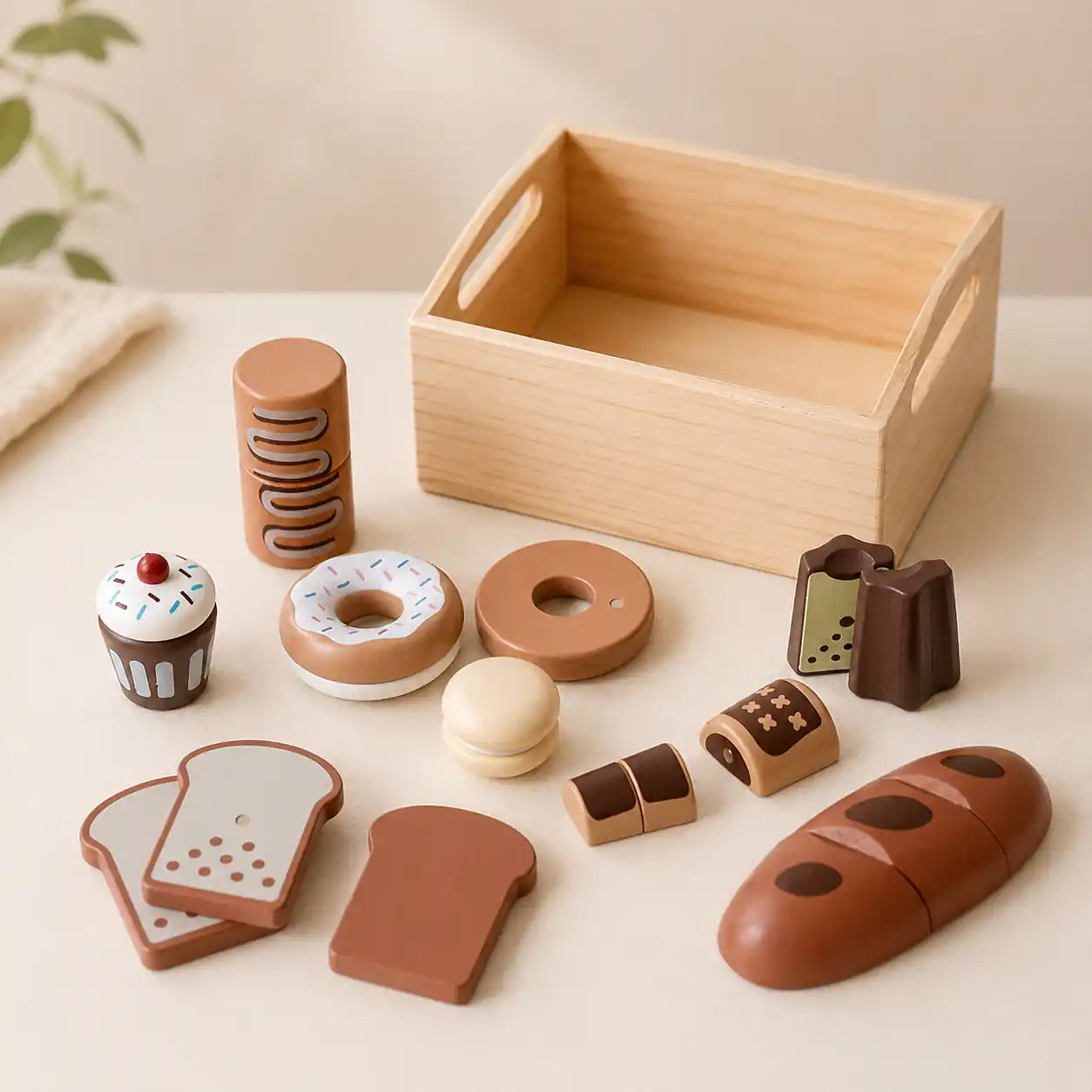 Wooden Bread and Bakery Set variant with croissant, baguette, donuts, cupcake, and macaron