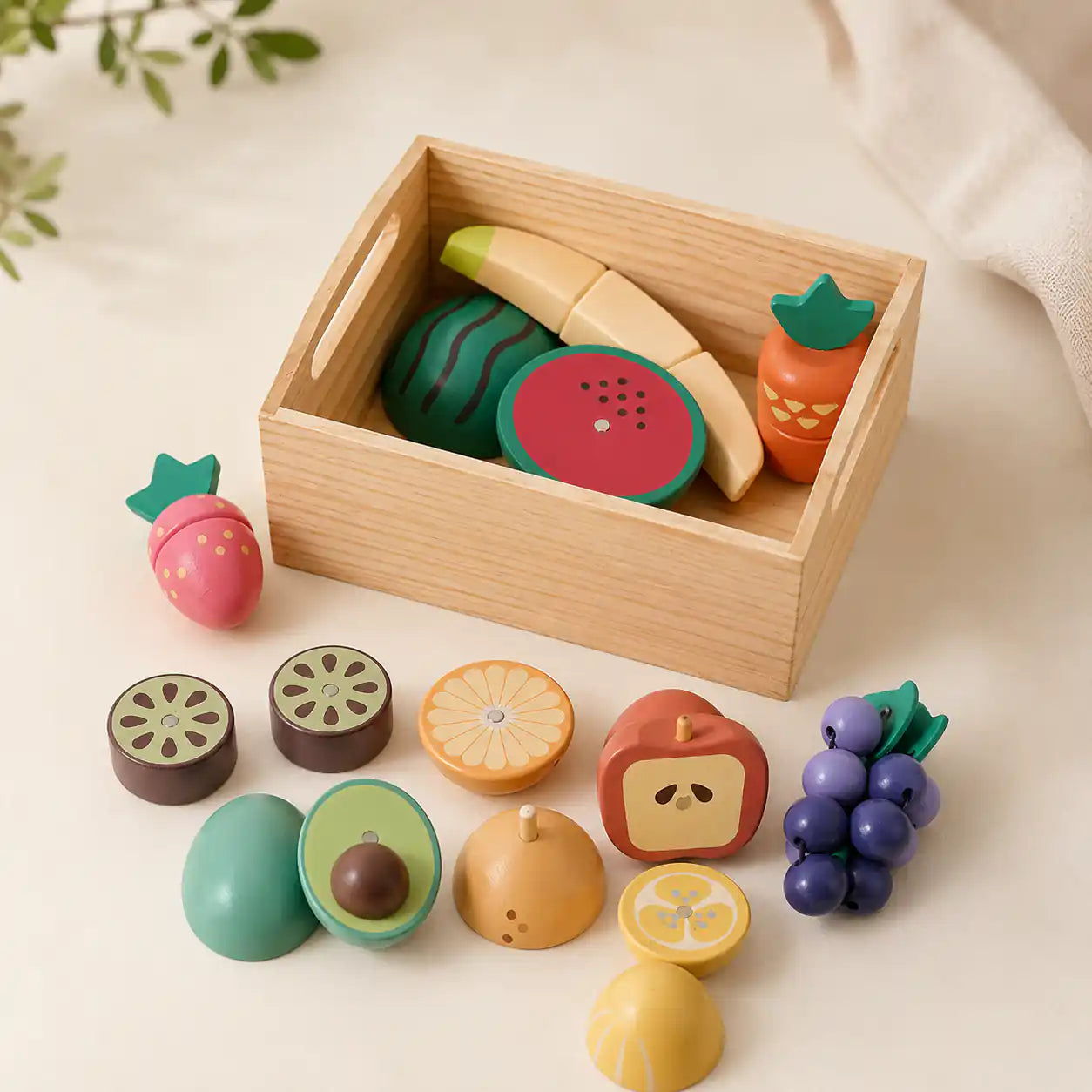 Wooden Fruit Set variant with watermelon, banana, strawberry, kiwi, orange, and avocado