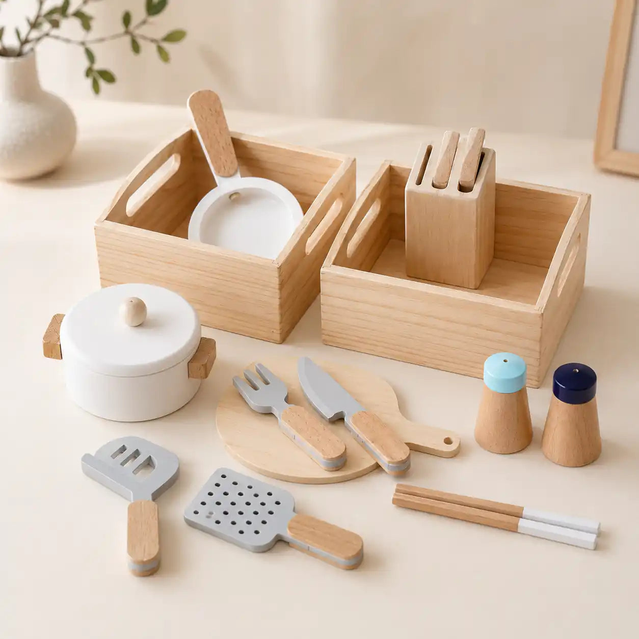 Wooden Knife Set variant with pot, pan, utensils, and cutting board for pretend kitchen play