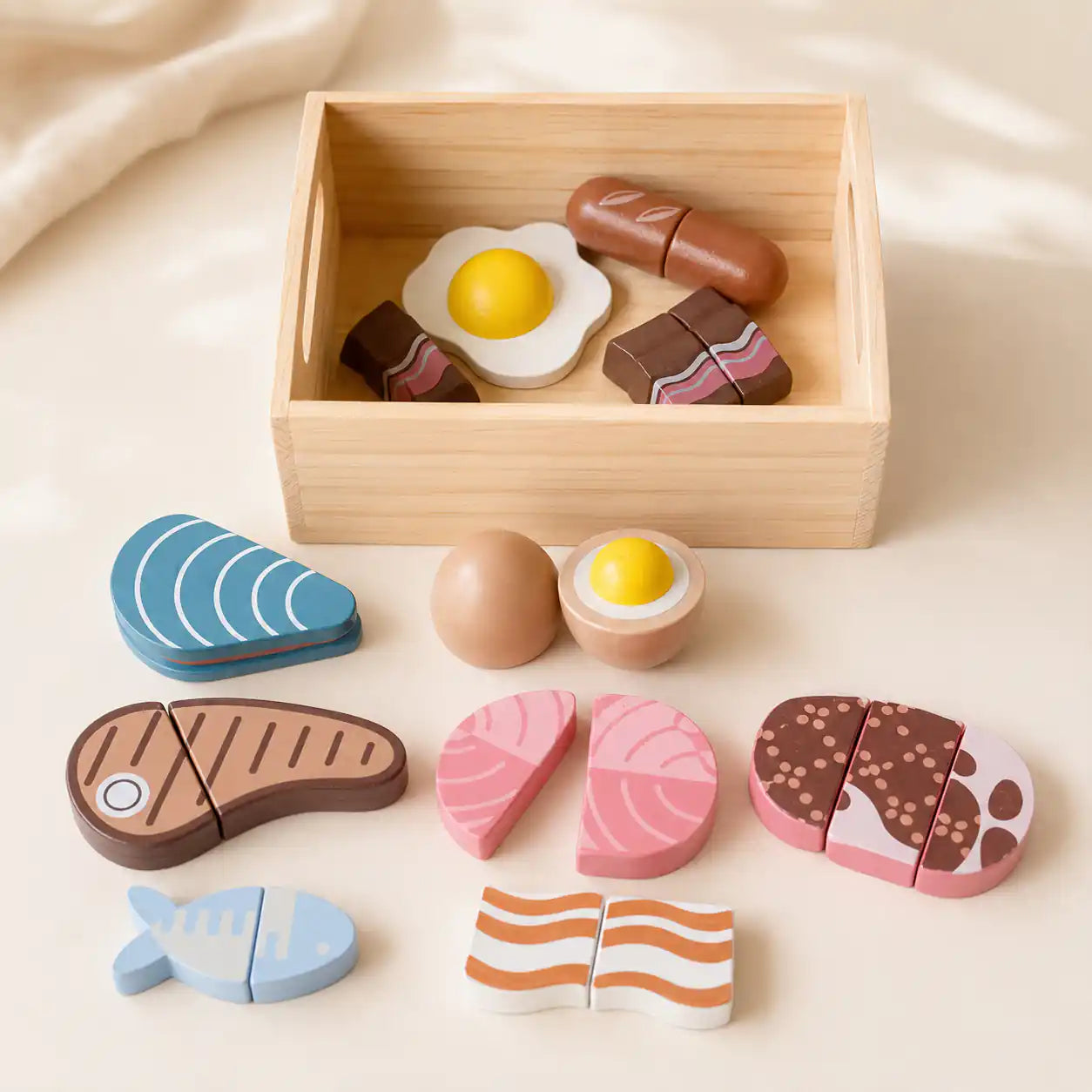 Wooden Meat Set variant with steak, salmon, ham, bacon, egg, and sausage pieces
