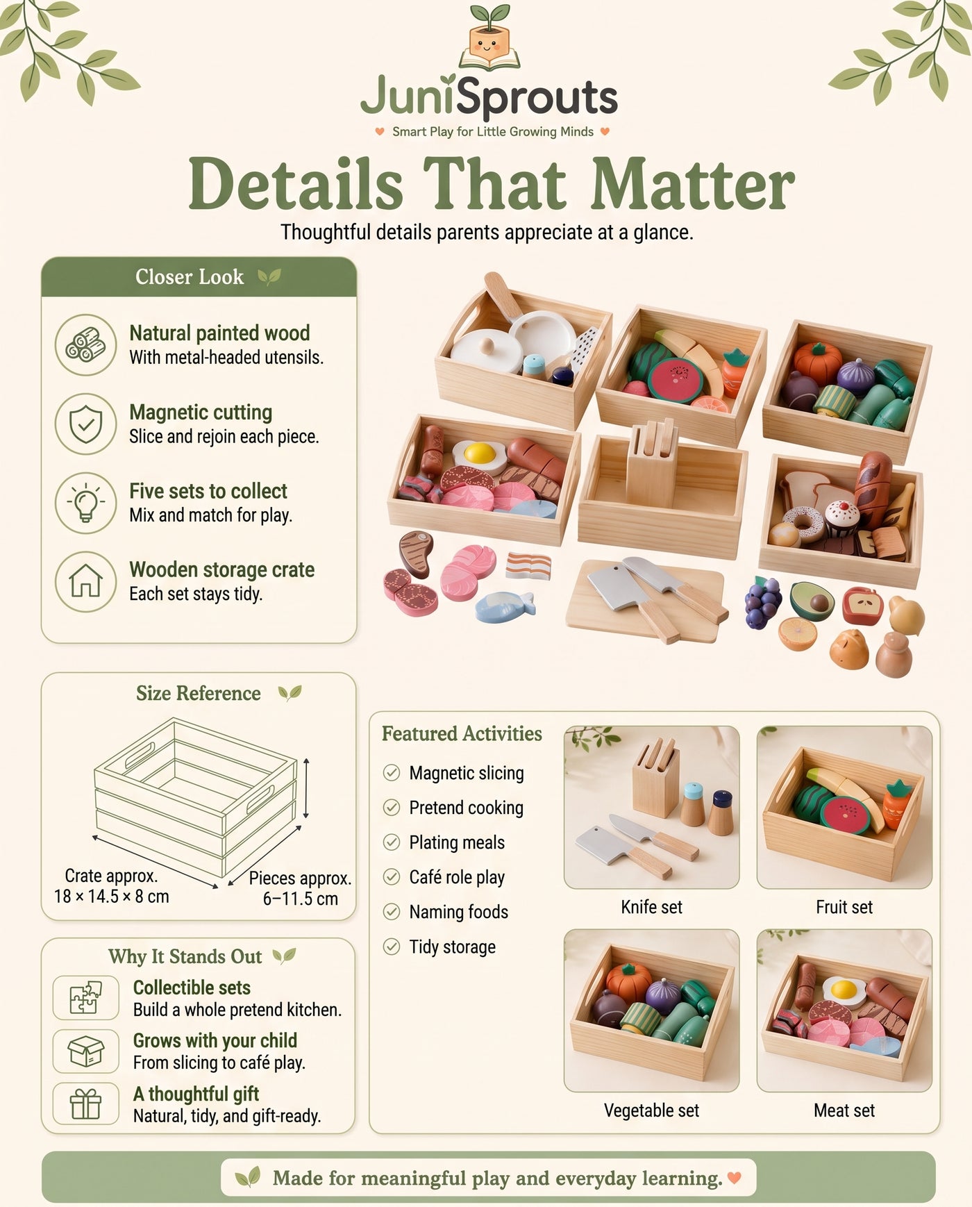Wooden Play Food Set details and size reference