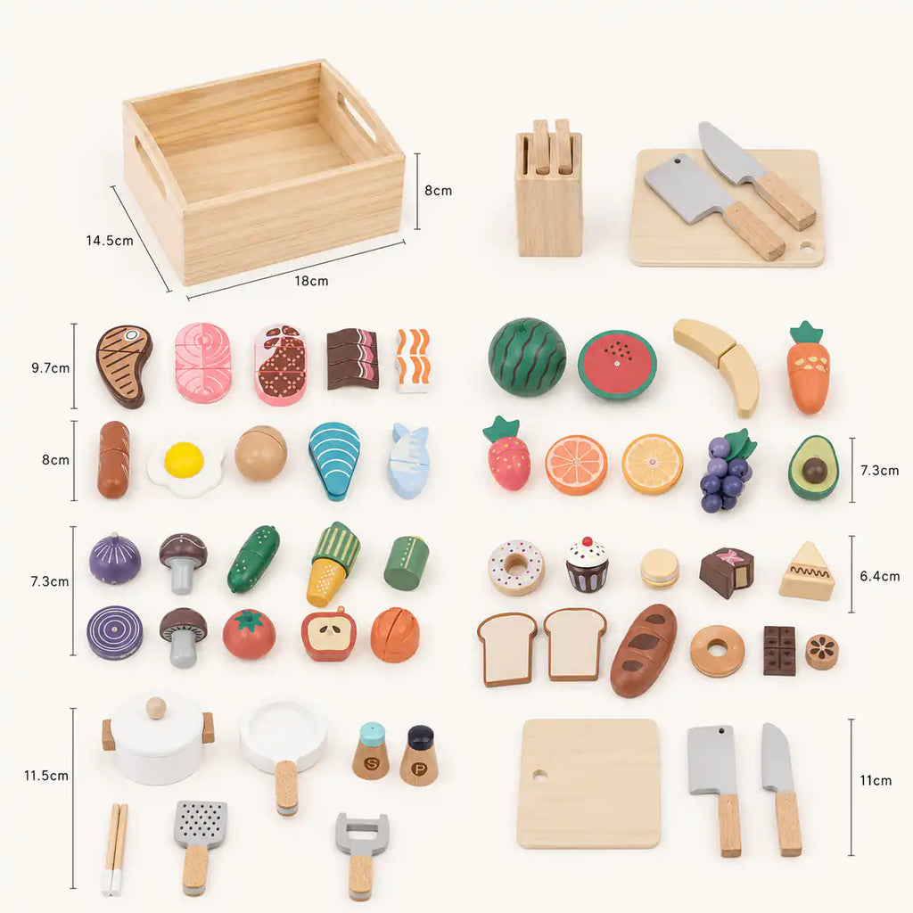 Wooden play food set dimensions and size reference chart for all variants