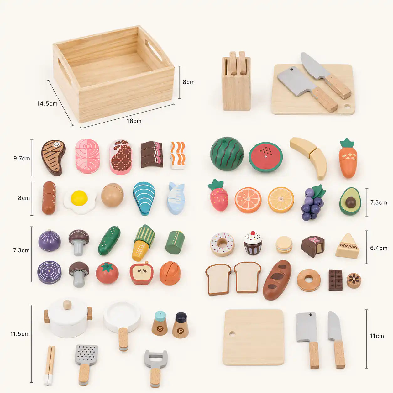 Wooden play food set dimensions and size reference chart for all variants