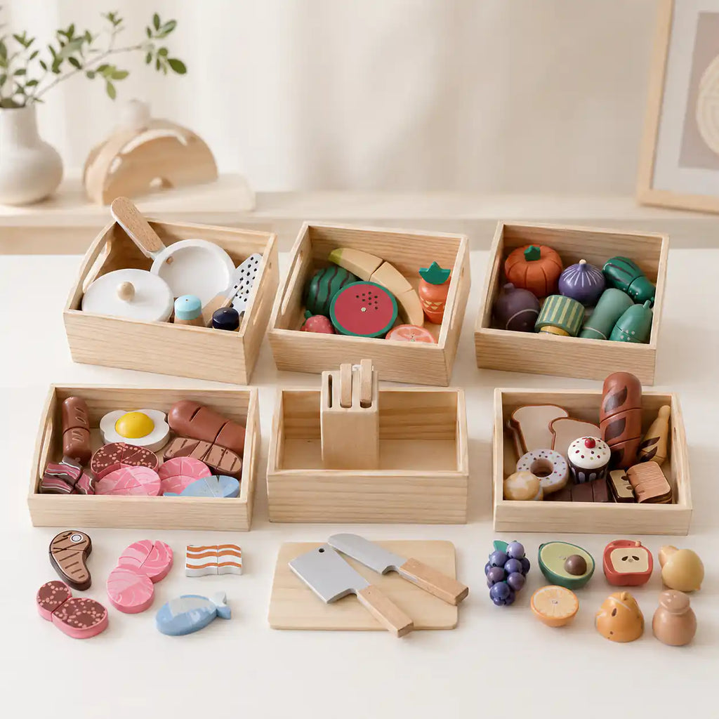 Wooden play food set hero shot with all five Montessori pretend kitchen sets