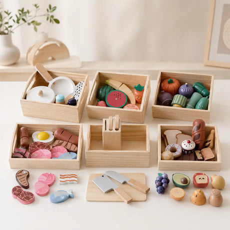 Wooden play food set hero shot with all five Montessori pretend kitchen sets