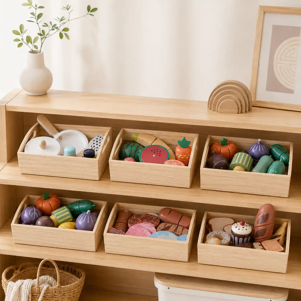 Wooden play food sets styled on a shelf in a Montessori playroom