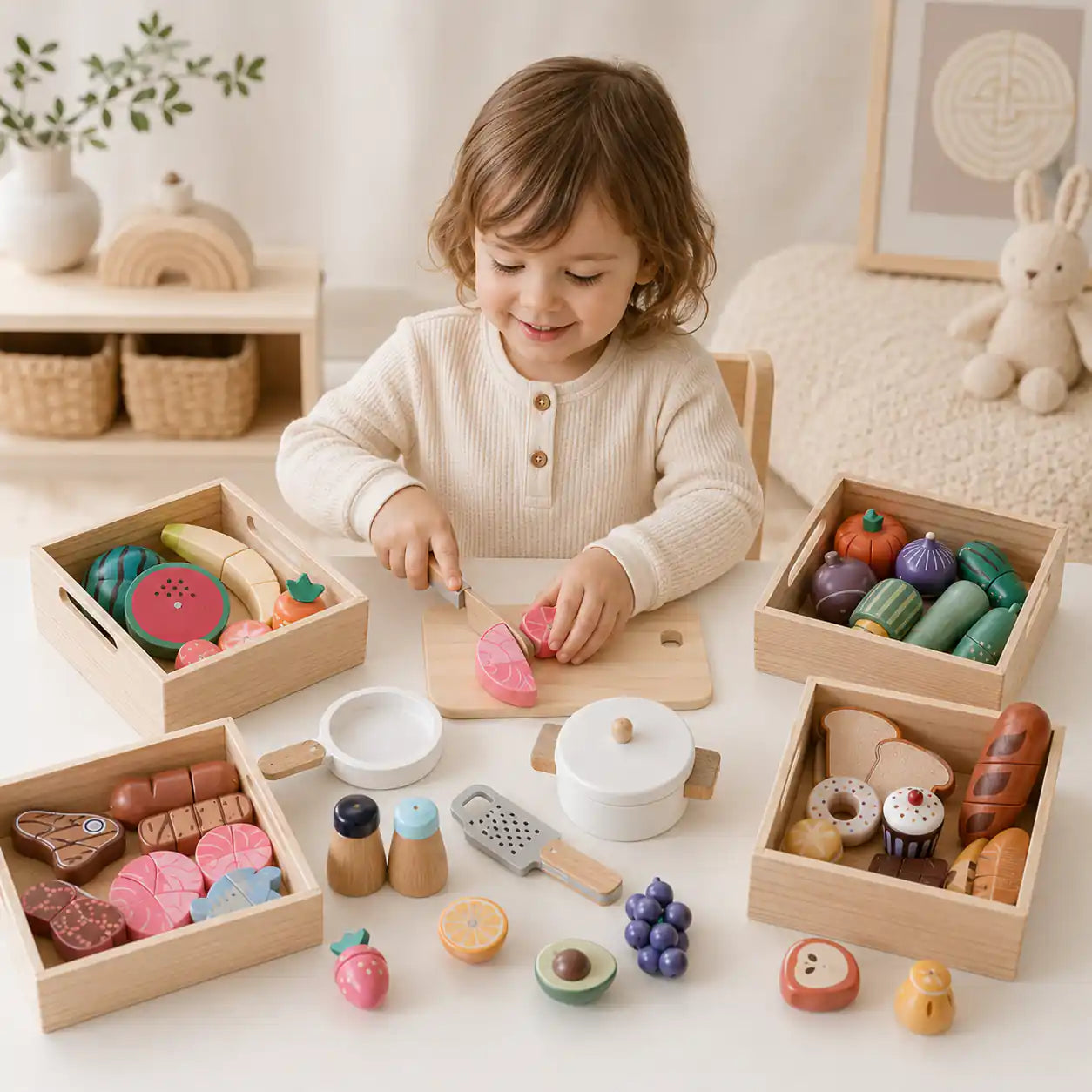 Toddler slicing magnetic wooden play food with the Montessori cutting set