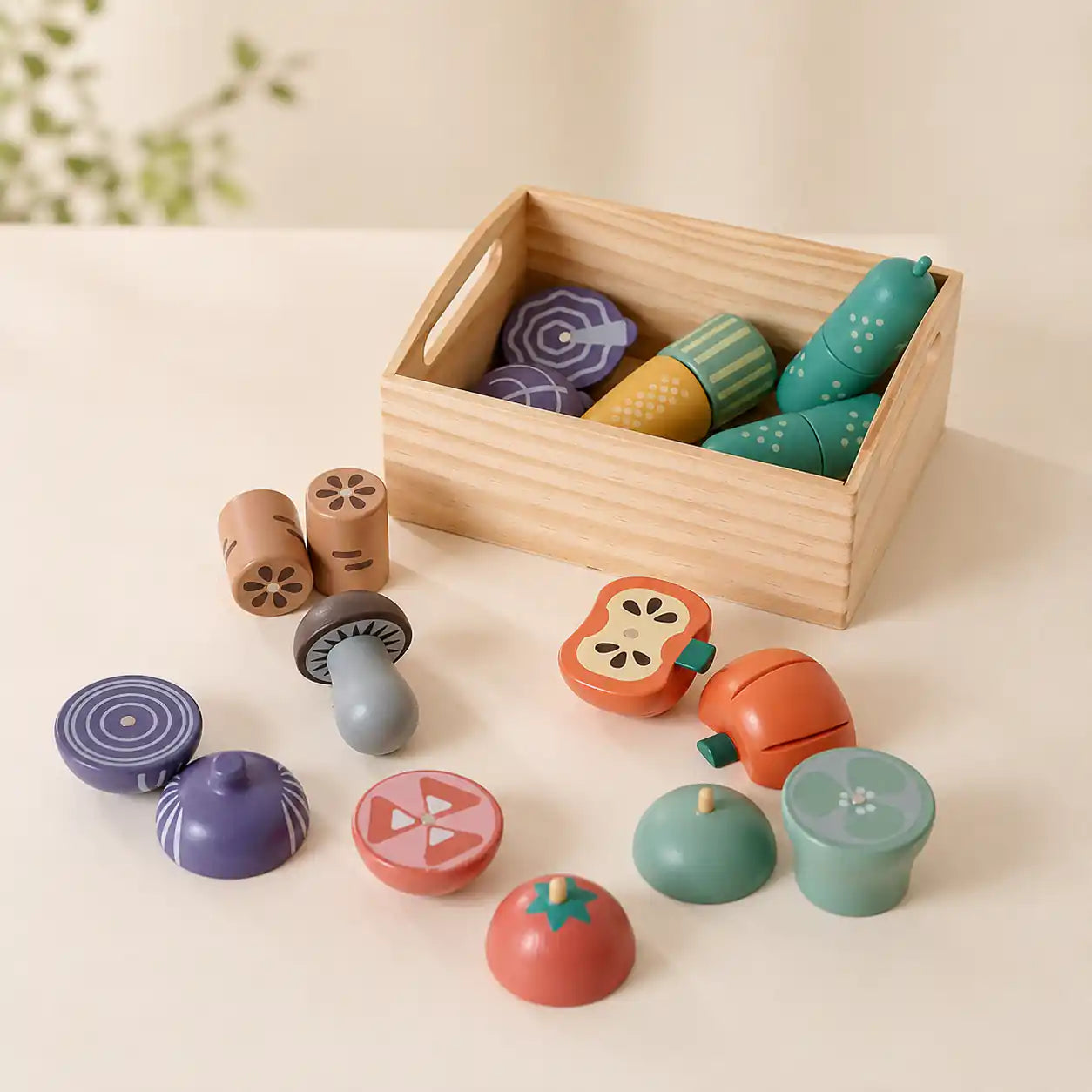 Wooden Vegetable Set variant with eggplant, mushrooms, corn, cucumber, and pumpkin