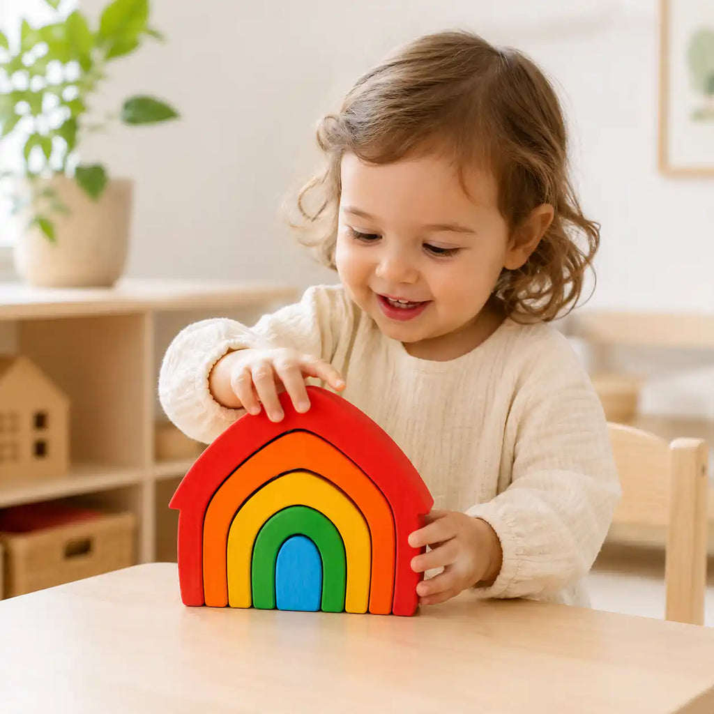 Close-up of a single wooden rainbow arch showing smooth painted finish