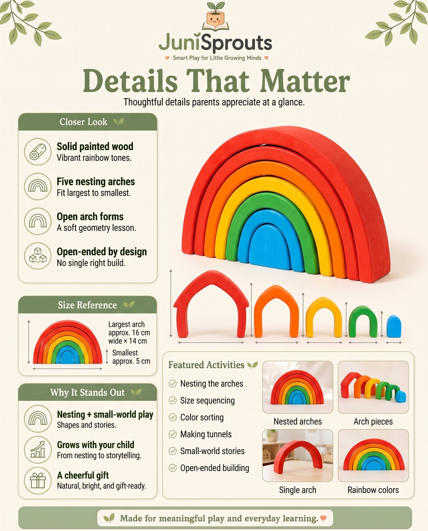 Wooden Rainbow Arch Stacker details and size reference