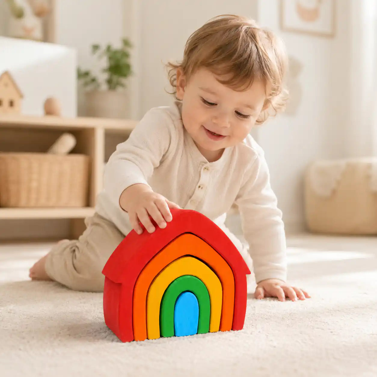 Wooden rainbow arch stacker beside a ruler and tape measure showing size and scale