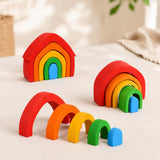 Top-down view of wooden rainbow arch stacker showing nested arch shapes