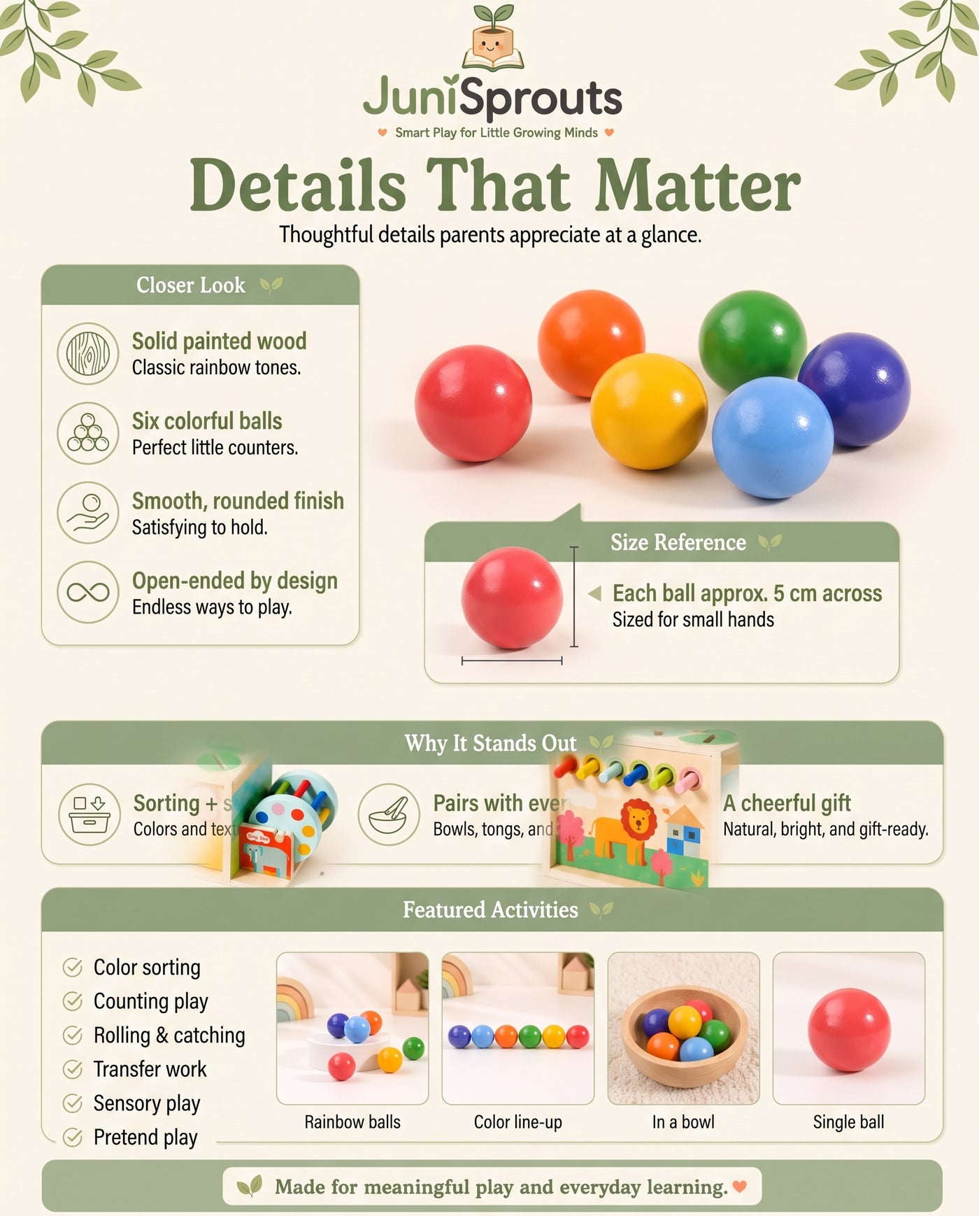 Wooden Rainbow Balls details and size reference