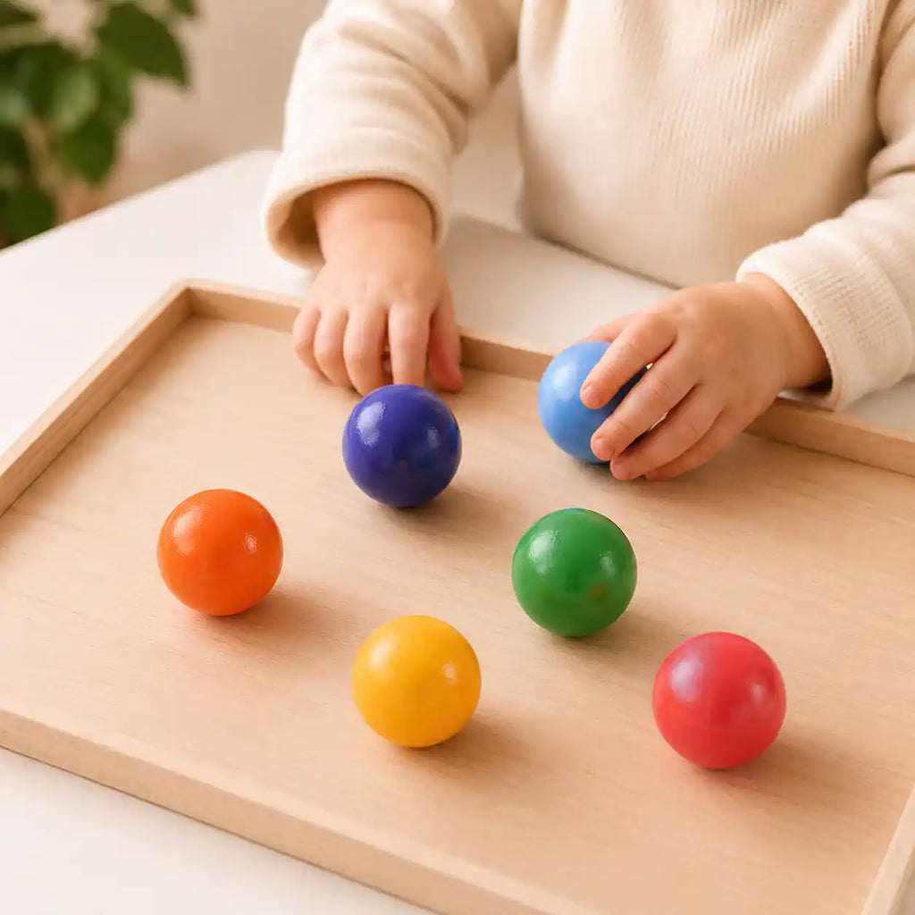 Small hands holding a few wooden rainbow balls on a warm neutral surface