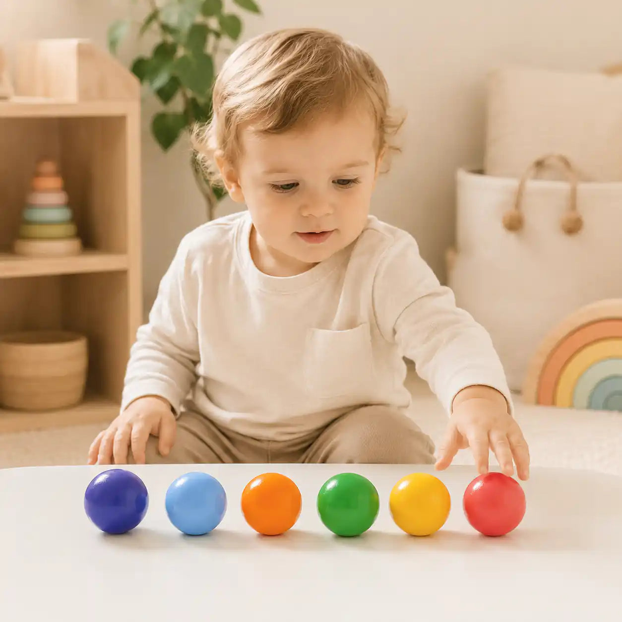 Wooden rainbow balls collected in a soft wooden bowl on a cream surface