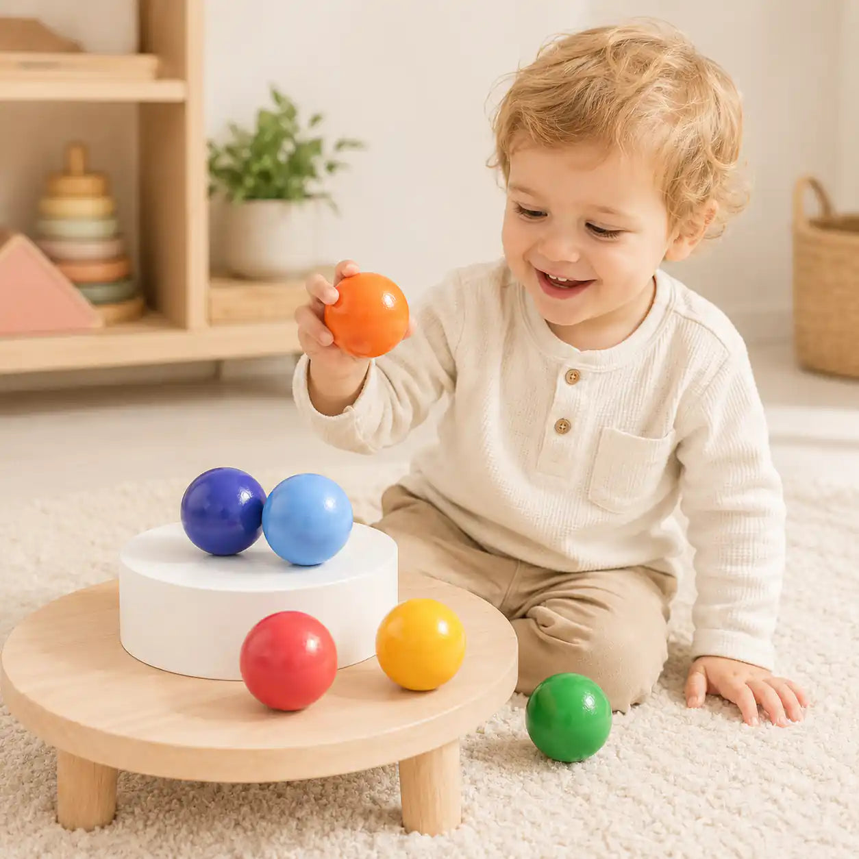 Wooden rainbow balls beside a ruler and tape measure showing size and scale