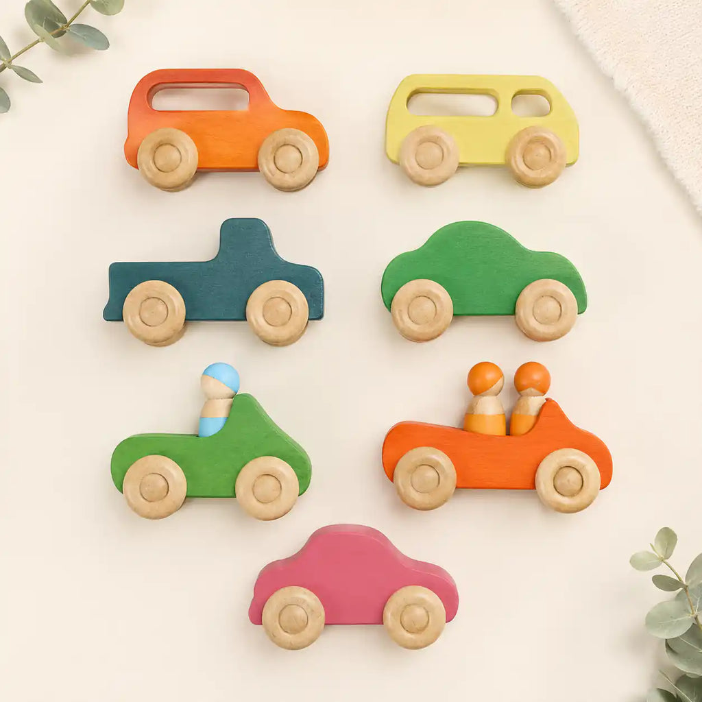 Wooden rainbow car and peg doll set styled in a warm nursery play scene