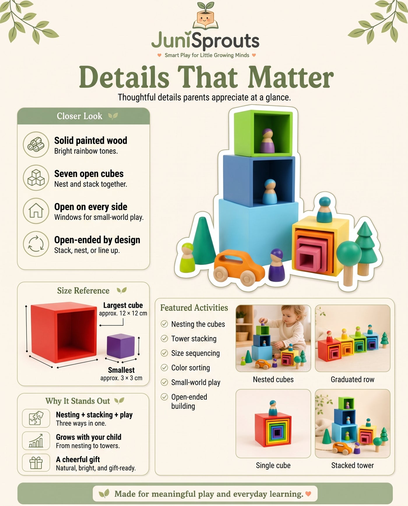 Wooden Rainbow Nesting Cubes details and size reference