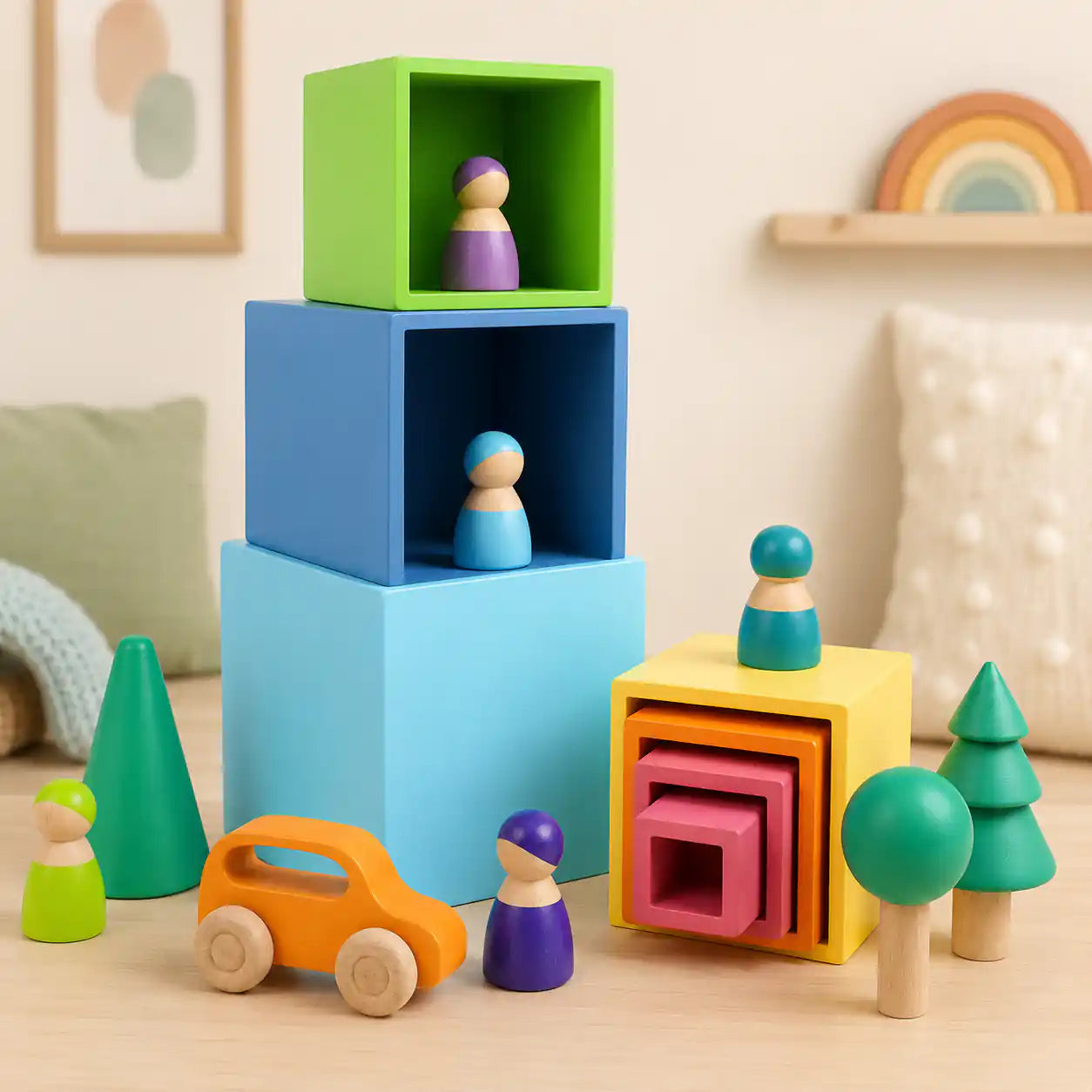 Wooden rainbow nesting cubes arranged in an imaginative play scene with open ends visible