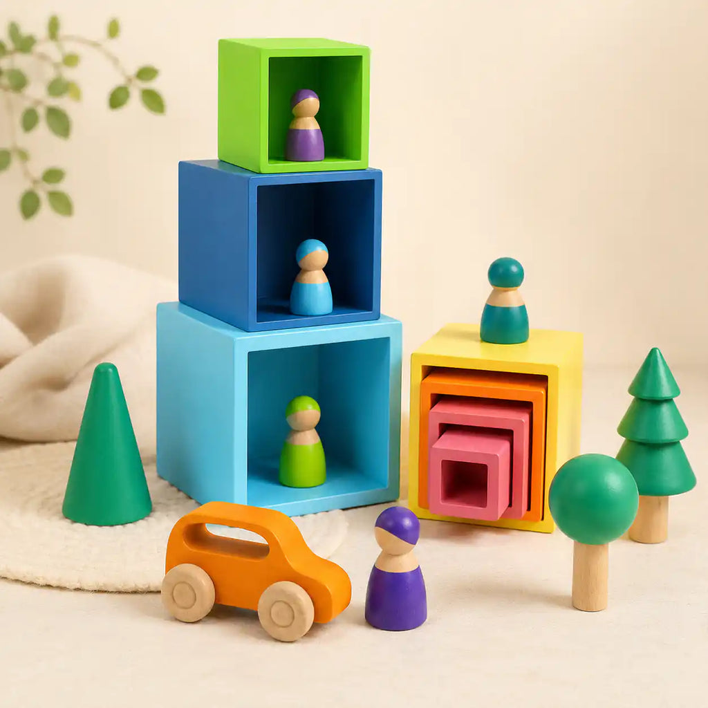 Close-up of a single wooden rainbow nesting cube showing painted finish and open interior