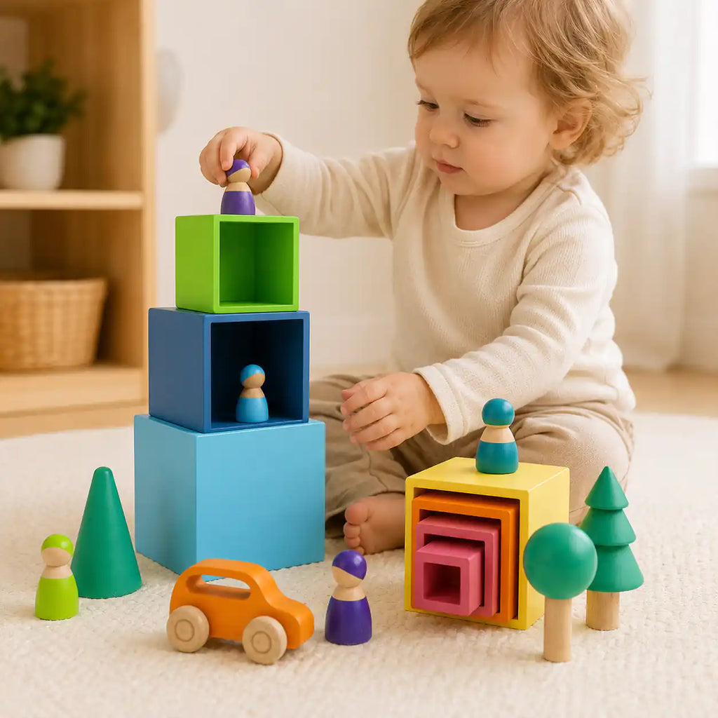 Wooden rainbow nesting cubes beside a ruler and tape measure showing size and scale
