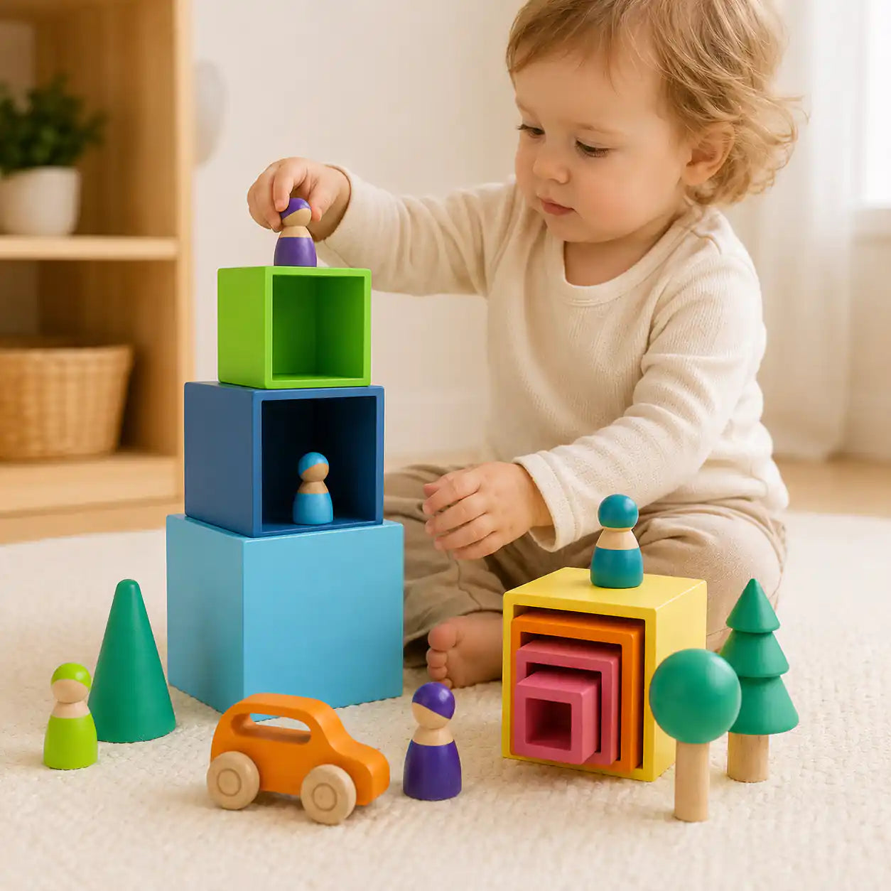 Wooden rainbow nesting cubes beside a ruler and tape measure showing size and scale