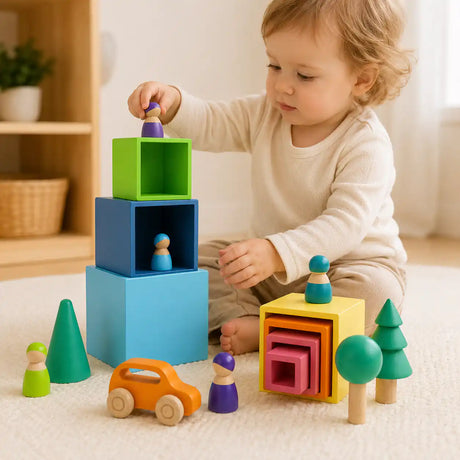 Wooden rainbow nesting cubes beside a ruler and tape measure showing size and scale