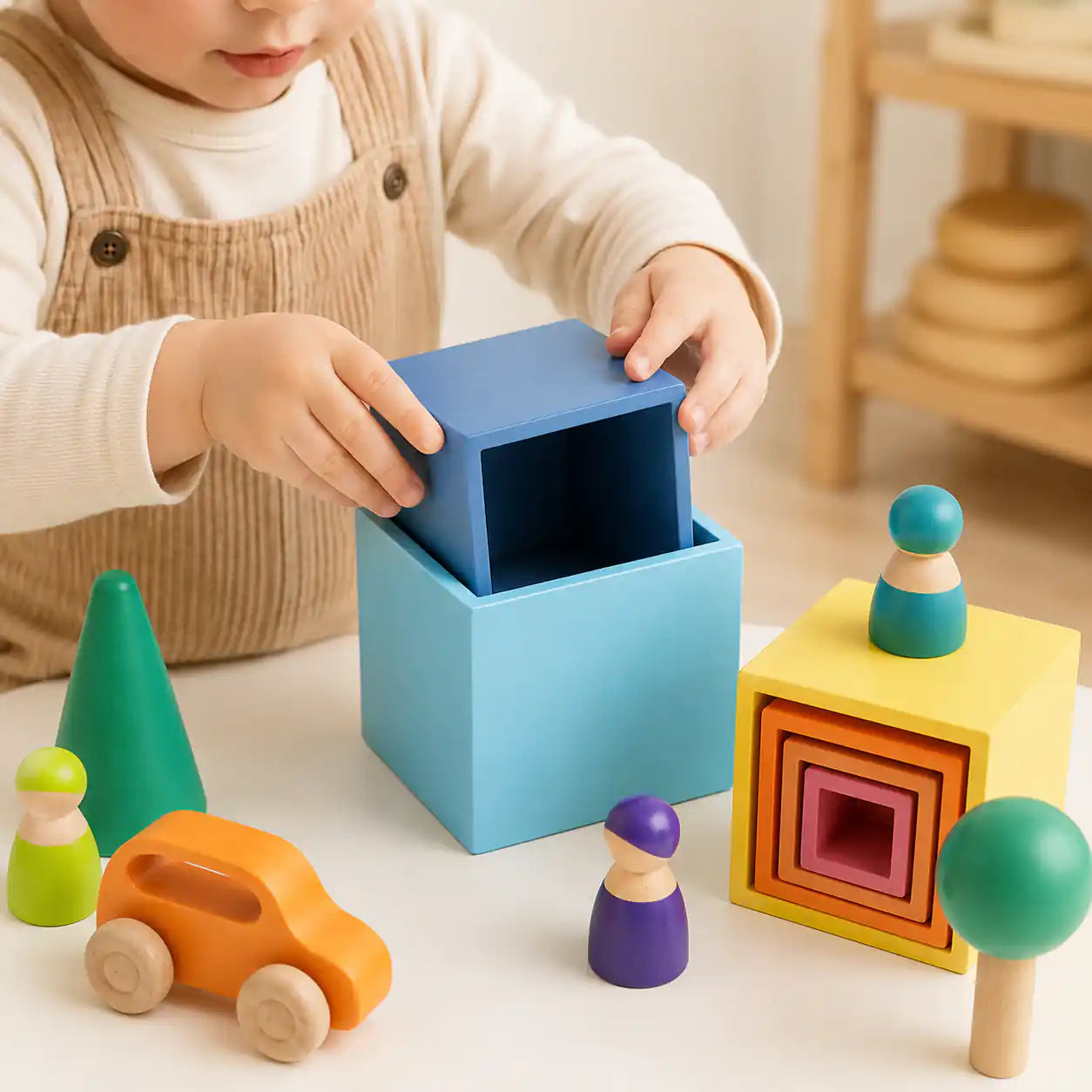Wooden rainbow nesting cubes styled in a warm nursery play scene