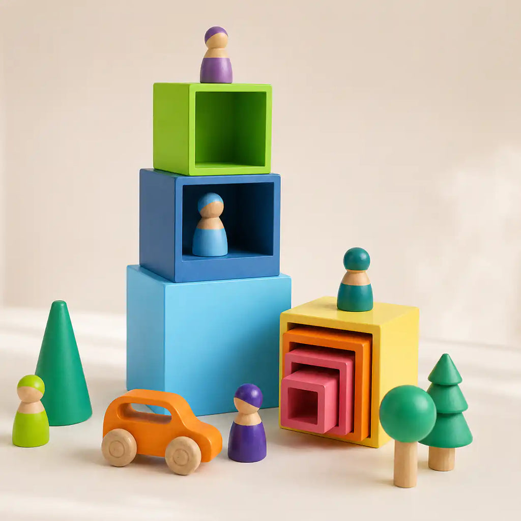 Top-down view of wooden rainbow nesting cubes showing nested color layers from above