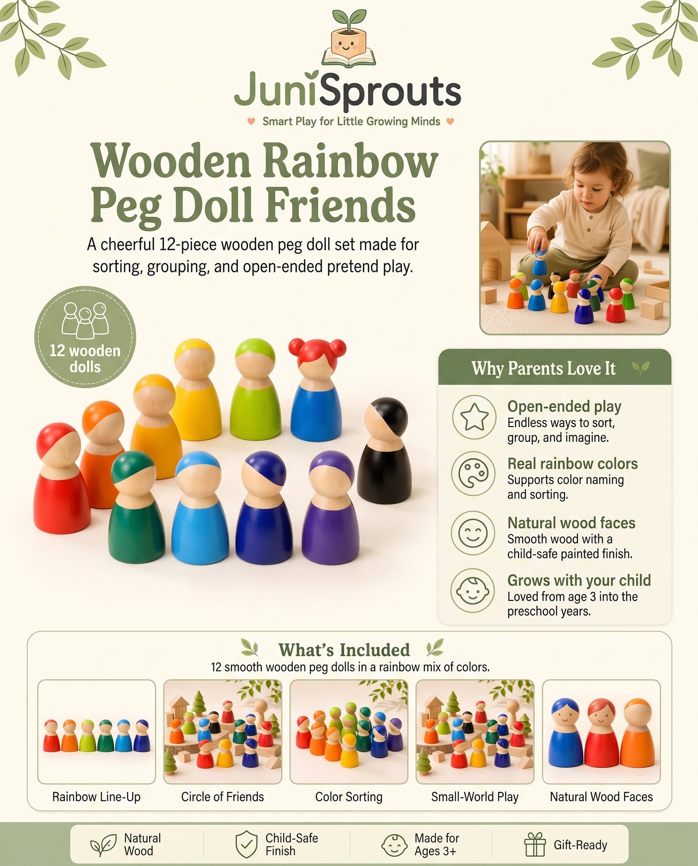 Wooden rainbow peg doll friends product overview — 12-piece set, why parents love it, and what's included