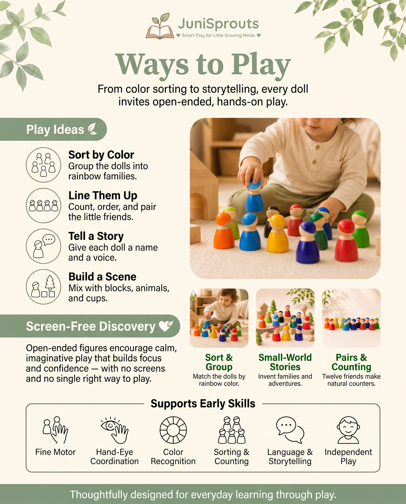 Wooden rainbow peg doll friends ways to play — sorting, storytelling, and early skills supported