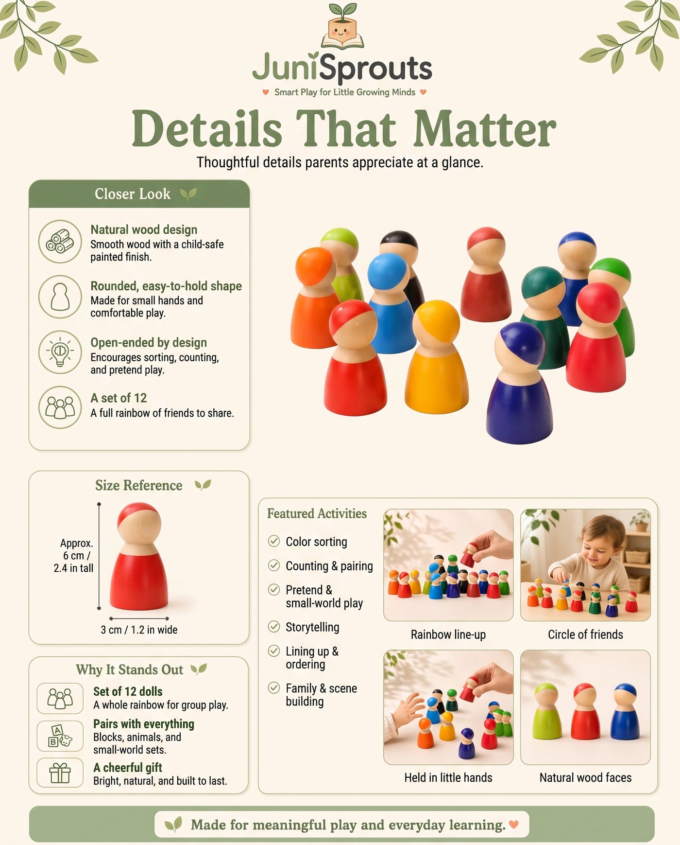 Wooden rainbow peg doll friends details — closer look, size reference, and featured activities