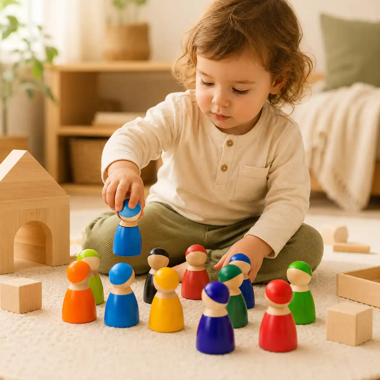 Wooden rainbow peg doll friends styled in a warm nursery play scene