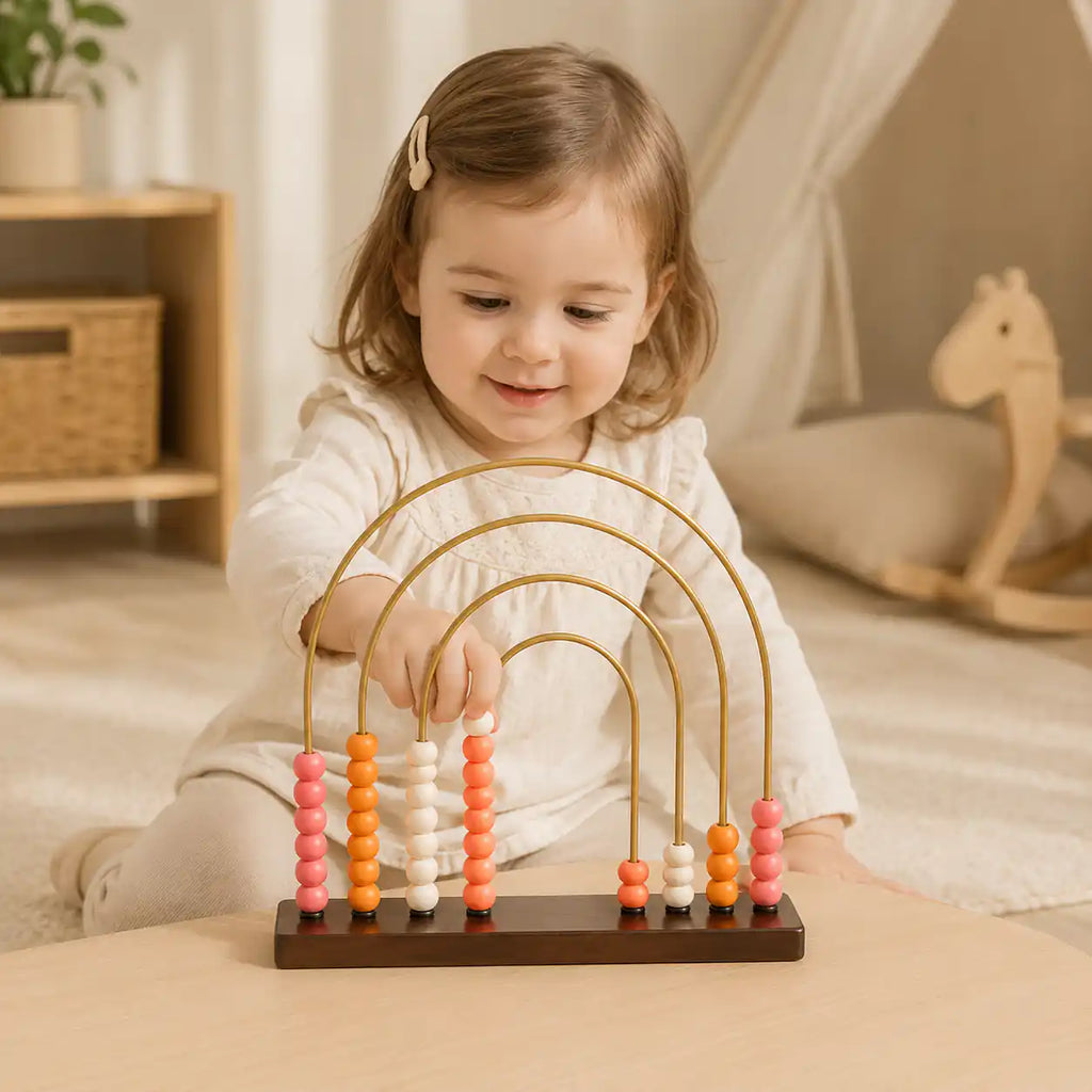 Wooden rainbow puzzle with 7 nested colorful arches in red, orange, yellow, light green, green, and dark green on a wooden tabletop