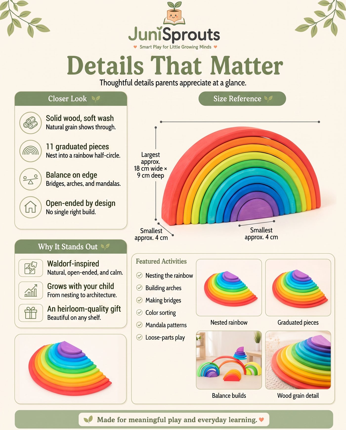 Wooden Rainbow Semicircles details and size reference